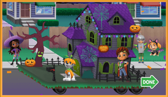 Final payoff showing float parade, with pumpkins lights, and spiders
